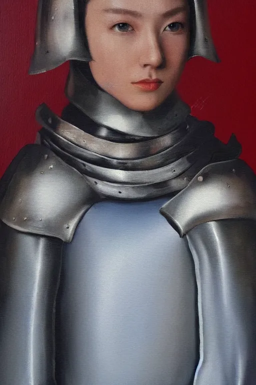 Image similar to hyperrealism oil painting, close - up portrait of caucasian medieval fashion model, knight, steel gradient mixed with nebula sky, in style of baroque mixed with 7 0 s japan book art