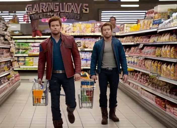 Prompt: film still of Star-Lord shopping in a supermarket in the new Guardians of the Galaxy movie, 4k