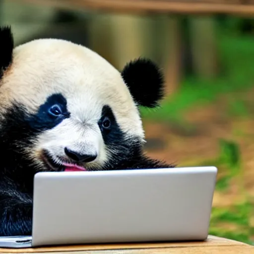 Image similar to a cute but tired baby panda working on a laptop in the zoo and yawning