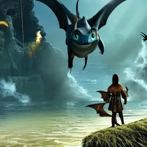 Prompt: movie clip of dragon with mantaray wings and a stingray tail made of stars in an old viking village filled with vikings and other dragons going about their day, cgi, in the style of how to train your dragon, cinematic, high resolution, cgi