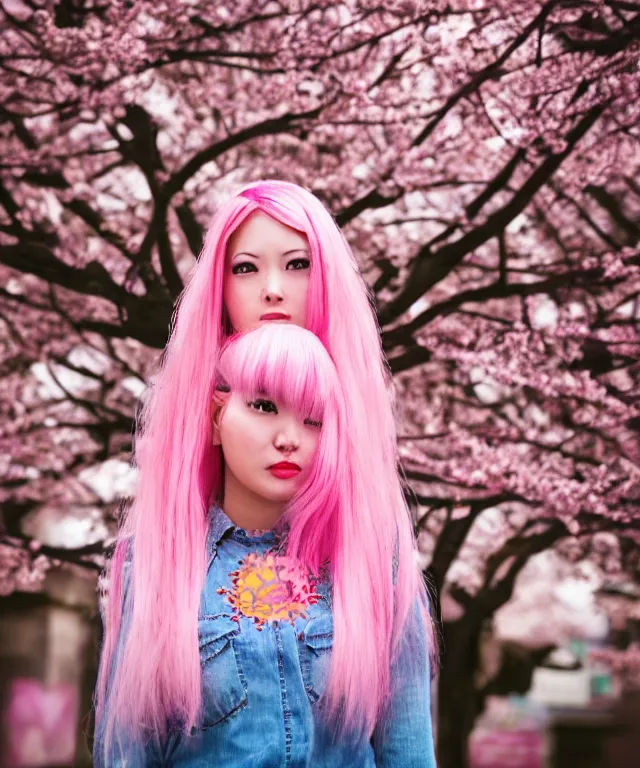 Image similar to video game girl, light pink hair with pink flames, cherry blossoms, neo tokyo, portrait, perfectly symmetrical, 5 0 mm