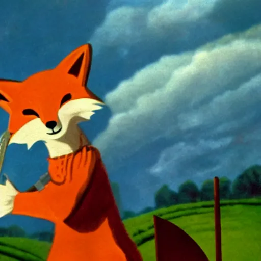 Image similar to anthropomorphic fox who is a medieval knight holding a sword towards a stormy thundercloud 1 9 3 0 s film still, castle in the background, being shown in a theatre