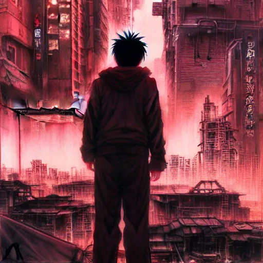 Image similar to tetsuo observing the ruins of neo - tokyo, red cape, akira | anime, matte painting, dystopian megacity neo - tokyo akira, shaded perfect, fine details. realistic shaded lighting anime manga artwork by katsuhiro otomo, akira, artgerm, jeremy lipkin and michael garmash and rob rey