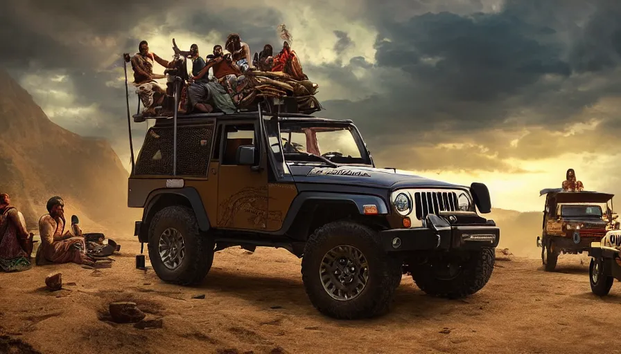Prompt: Mahindra thar tribe members watching nearby an epic fantasy dramatic lighting cinematic establishing shot extremely high detail photorealistic c