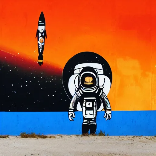 Image similar to mural of an astronaut exploring deep space, rocket in the background, laser beams, black and white paint, stencil art, abstract, cyberpunk, painted on a giant wall