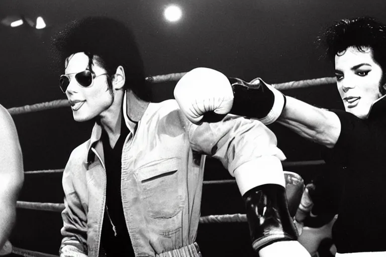 Image similar to michael jackson and elvis presley in the boxing ring