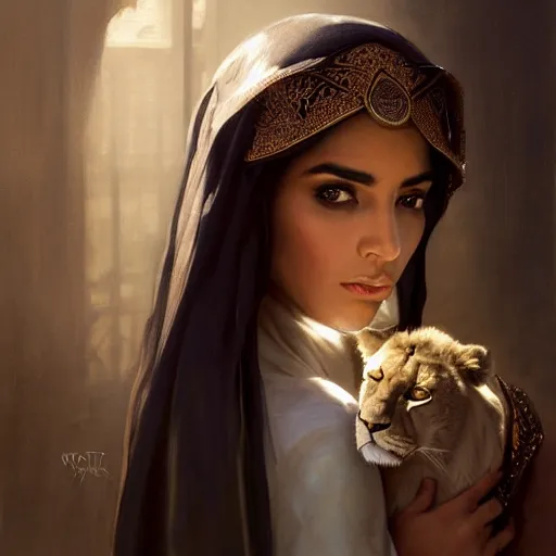 Image similar to a Photorealistic dramatic hyperrealistic render of an arab, queen Esther, ameera al taweel, green eyes, middle Eastern skin, eyes, black hair, white veil, with a pet lion by WLOP,Artgerm,Greg Rutkowski,Alphonse Mucha, Beautiful dynamic dramatic dark moody lighting,shadows,cinematic atmosphere,Artstation,concept design art,Octane render,8K