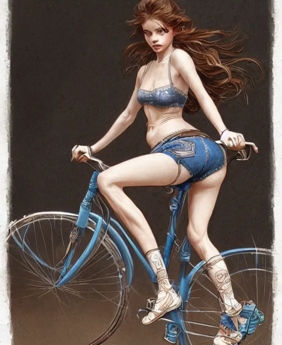 Image similar to portrait of barbara palvin in denim shorts riding a bicycle, full body, intricate, elegant, highly detailed, digital painting, artstation, concept art, art by artgerm and greg rutkowski and alphonse mucha