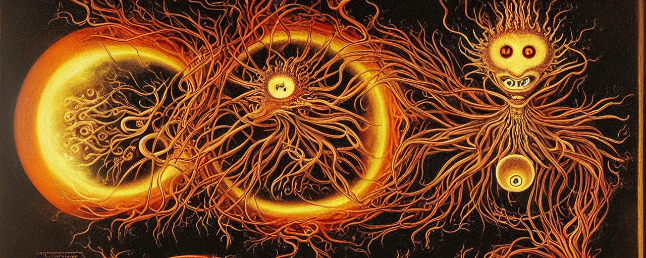 Image similar to a strange fire creature with endearing eyes radiates a unique canto'as above so below'while being ignited by the spirit of haeckel and robert fludd, breakthrough is iminent, glory be to the magic within, in honor of saturn, painted by ronny khalil