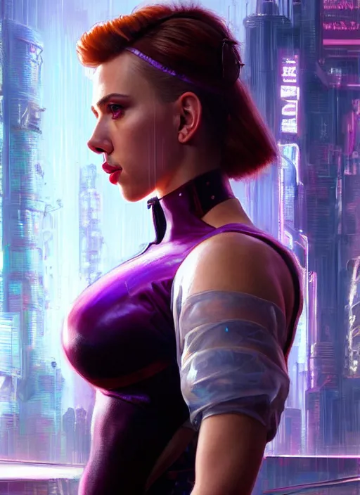 Image similar to portrait of Scarlett Johansson as a ballet dancer character in Cyberpunk 2077, looking at camera, intricate, dystopian, sci-fi, extremely detailed, digital painting, artstation, concept art, smooth, sharp focus, illustration, intimidating lighting, incredible art by artgerm and greg rutkowski and alphonse mucha and simon stalenhag