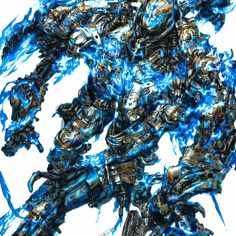 Image similar to a drawing of a flaming cybernatic samurai, blue armor, water, by yoji shinkawa and tsutomu nihei, detailed art, highly detailed, trending on artstation