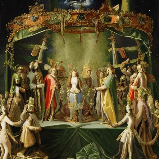 Image similar to 17th century oil painting of a green space alien being crowned king at an extraordinary coronation ceremony, 8k, ultra detailed, ultra intricate,