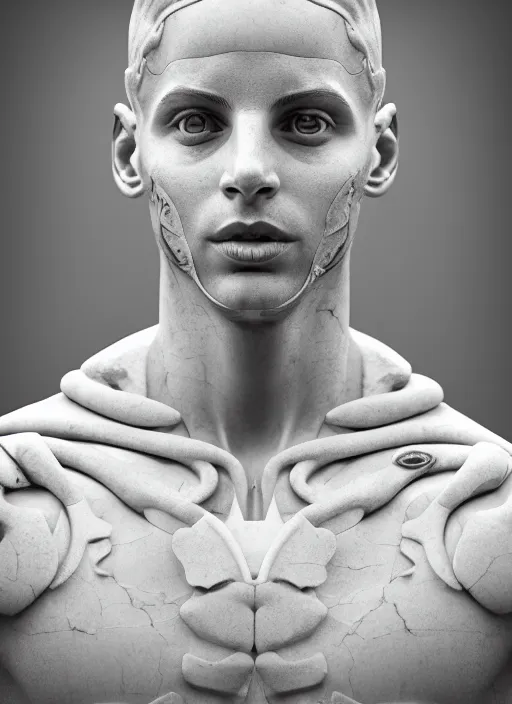 Image similar to a statue made of white marble with gold veins, of steph curry playing a modular synthesizer, transhumanism, full body shot, perfect symmetrical body, perfect symmetrical face, hyper realistic, hyper detailed, by johannen voss, by peter kemp, by monia merlo, by michelangelo, octane render, blender, 8 k