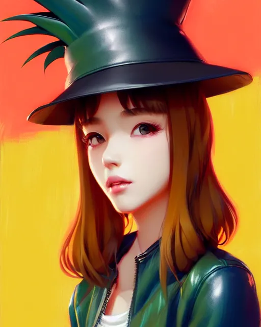 Image similar to pineapple girl wearing a candy hat and leather jacket, fine detail!! anime!! realistic shaded lighting!!, kim hyun joo, digital painting by ilya kuvshinov, magali villeneuve, artgerm, jeremy lipkin and michael garmash and rob rey