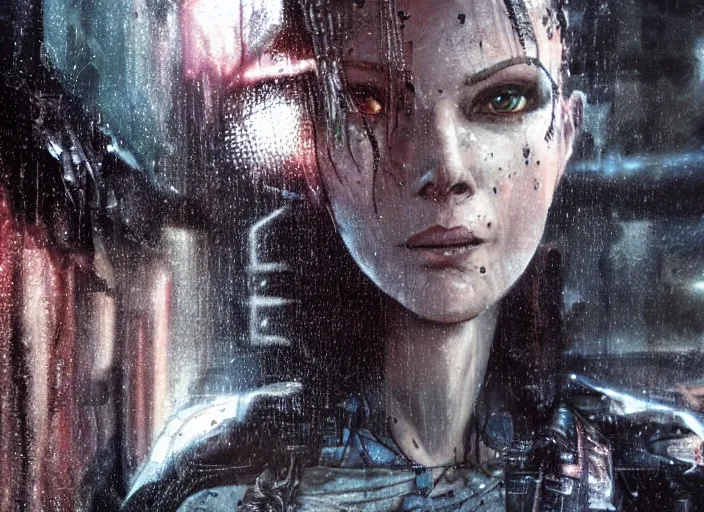 Prompt: rugged, beautiful female neuromancer by enki bilal,, punk outfit : : urban setting, nighttime, rain, close - up view : : cinematic headshot : : ultra - detailed technical precision : : high definition 3 d render, unreal engine, hires textures 4 k