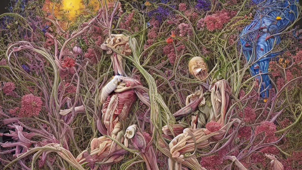 Image similar to highly detailed illustration of a human anatomy body exploded by all the known species of flowers by juan gatti, by moebius!!,, by oliver vernon, by joseph moncada, by damon soule, by manabu ikeda, by kyle hotz, by dan mumford, by kilian eng