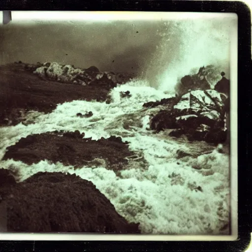 Prompt: a caldera with rushing water at the bottom, creepy, eerie, unsettling, terrifying, jagged rocks, dark, old polaroid, expired film, deep!!, dark!!!