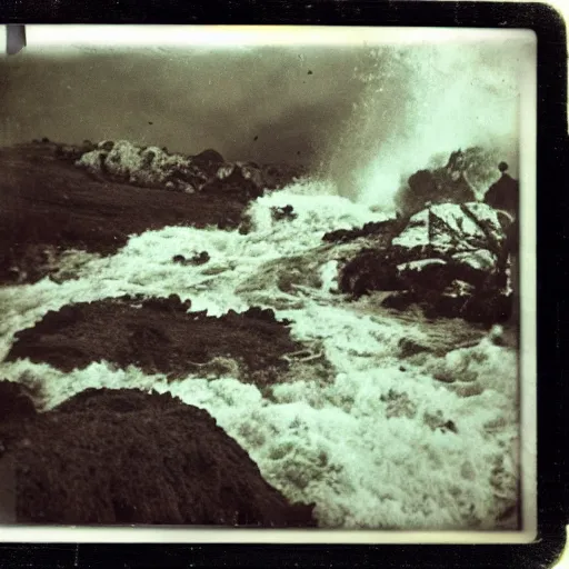 Image similar to a caldera with rushing water at the bottom, creepy, eerie, unsettling, terrifying, jagged rocks, dark, old polaroid, expired film, deep!!, dark!!!