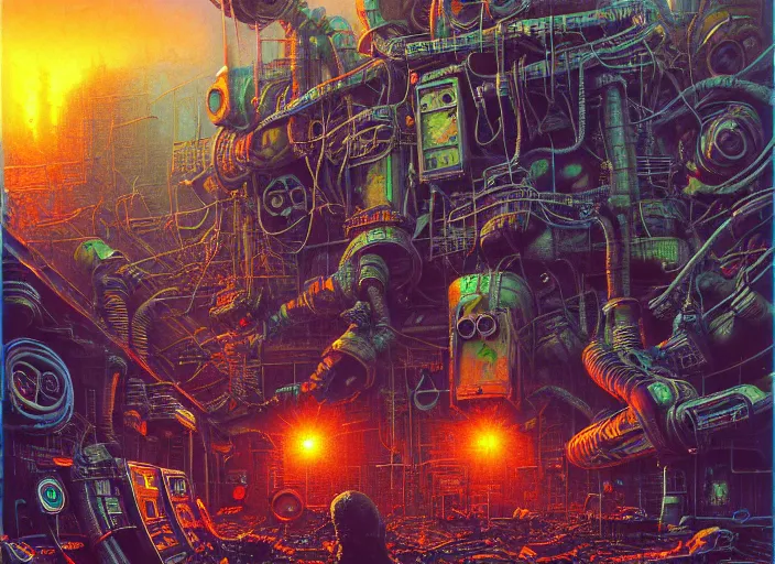 Prompt: junky men in acid pool, cybertronic gadgets, durty colours, rotten textures, rusty shapes, close - up, biotechnology, dariusz zawadzki, tim hildebrandt, wayne barlow, bruce pennington, larry elmore, oil on canvas, luminosity, deep depth field, masterpiece, cinematic composition, hyper - detailed, hd, hdr