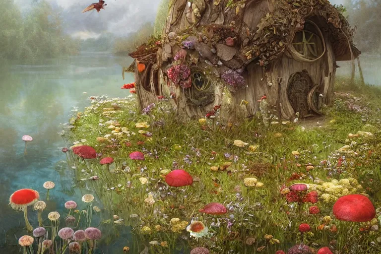 Image similar to wide angle view, a beautiful digital painting of a fairy house made of mushroms in a lake, flowers, beautiful tranquil day, by greg rutkowski, brian froud, peter mohrbacher, jean - baptiste monge, and alphonse mucha, symmetry, complementary colors, ink illustration, trending on artstation