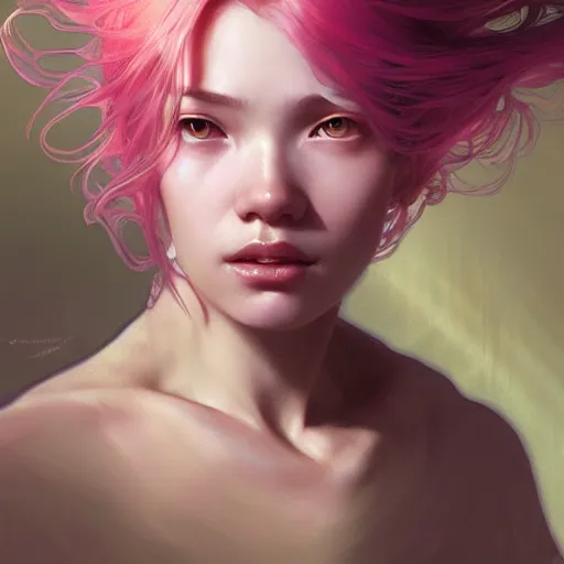 Image similar to Portrait of a eurasian tomboy with pink hair, glowing skin, fantasy, intricate, elegant, highly detailed, digital painting, artstation, concept art, smooth, sharp focus, illustration, art by Krenz Cushart and Artem Demura and alphonse mucha