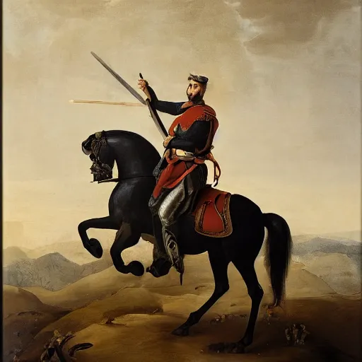 Image similar to large portrait oil on canvas of a man mounted on horseback black while raising a sword with his right hand pointed north, behind him in the vast distance 1 0 0 0 0 warriors can be seen fighting with swords and muskets, low light, cloudy, mountains in the foggy background,