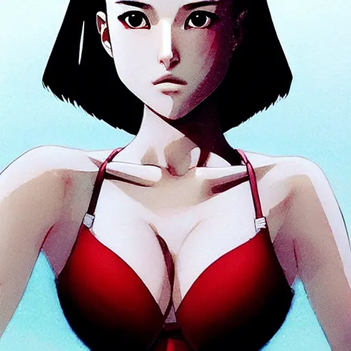 Image similar to a beautiful young japanese natalie portman alluring gravure model in crop top, large chest, by ilya kuvshinov and artgerm, aesthetic, gorgeous, alluring, attractive, gapmoe yandere grimdark, trending on pixiv fanbox, painted by greg rutkowski makoto shinkai takashi takeuchi studio ghibli, akihiko yoshida