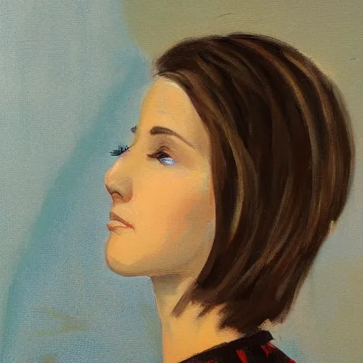 Prompt: painting, young woman, side view, short brown hair, blue eyes, crying