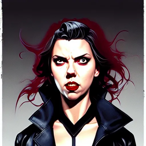 Prompt: rafael albuquerque comic art, peter mohrbacher, steve niles, phil noto, artgerm, pretty scarlett johansson vampire sharp vampire teeth open mouth, symmetrical eyes, black leather jacket, jeans, long blonde hair