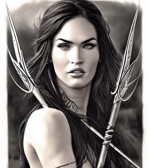 Image similar to portrait of megan fox as beautiful aphrodite goddess as an archer, arrow crown, beautiful piercing eyes, flowing blonde hair, realistic face, black and white drawing, in the style of greg rutkowski, fantasy, amazing detail, epic, intricate, elegant, smooth, sharp focus