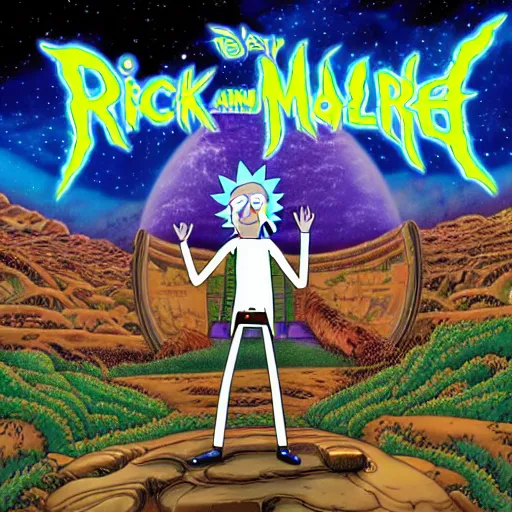 Image similar to rick and morty on a iron maiden album cover 8 k resolution, hyperdetailed, photorealism, extremely high quality