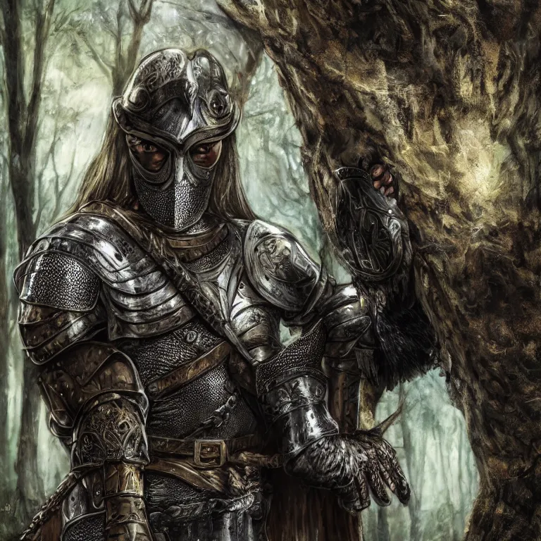 Image similar to armoured male warrior, in a fantasy forest, medieval style, highly detailed, smooth, sharp focus, character portrait, portrait, close up, concept art, intricate details, medieval poster, 8 k. lifelike. soft light. nikon d 8 5 0