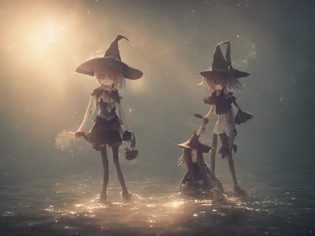 Prompt: cute fumo plush girl witch standing in reflective murky river water, gothic horror maiden in tattered cloth, volumetric fog and smoke, light shafts shining through the dusky light, moonglow, lens flare, chibi anime, vray