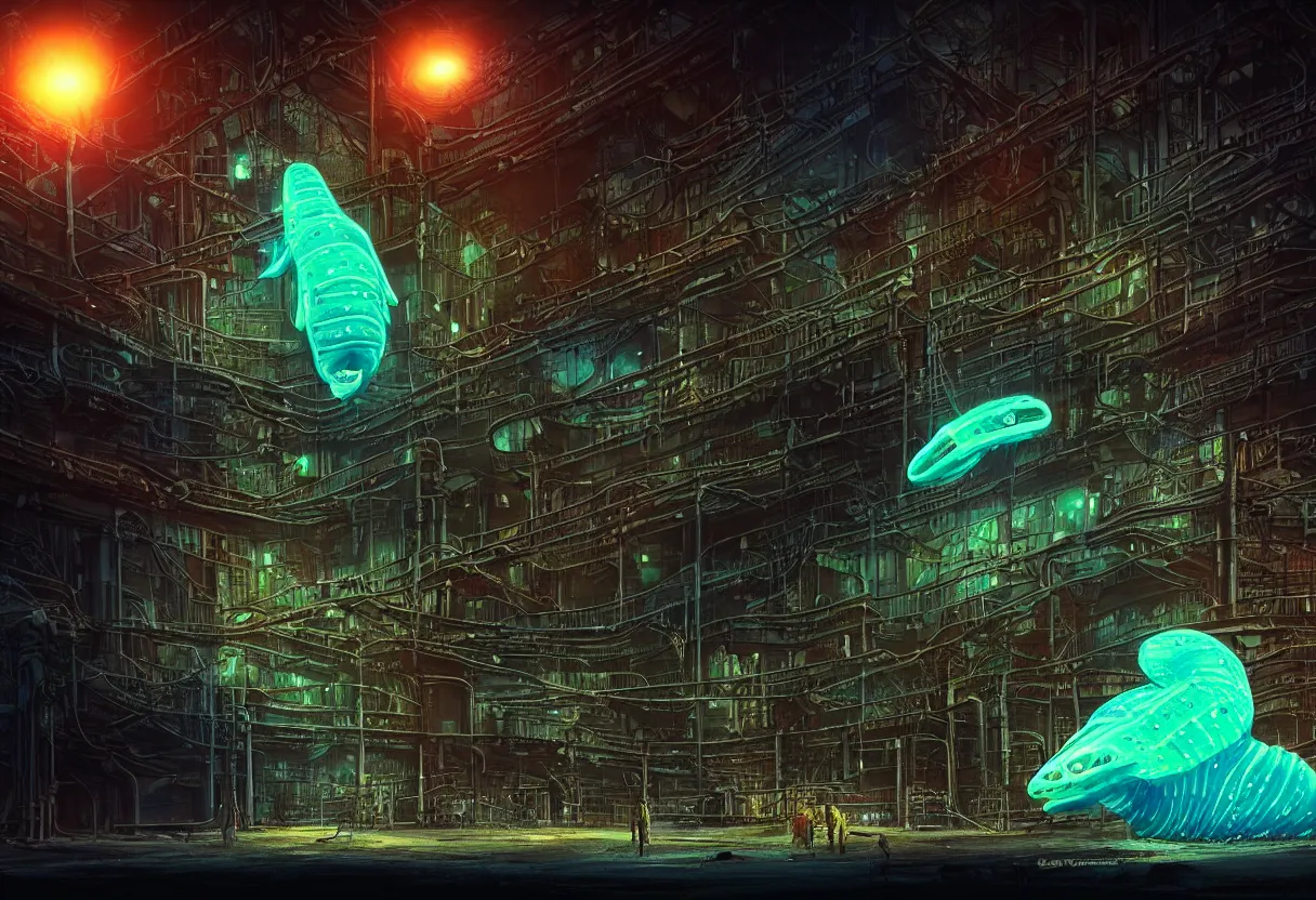 Prompt: a giant bioluminescent nudibranch in the foreground in front of a massive rusty brutalist industrial plant, cyberpunk, nighttime, low key, dark, gloomy, hazy, spotlights, leds, dramatic lighting, vignette, concept art, digital art