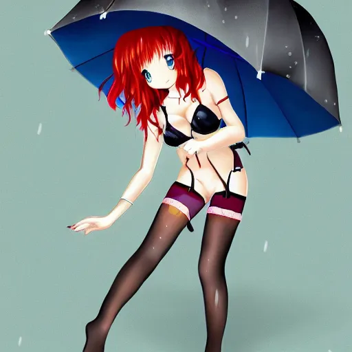 prompthunt: anime girl walks in lingerie and pantyhose in the rain with an  umbrella, red curly hair in pigtails with an elastic band, rain, full HD, 8k