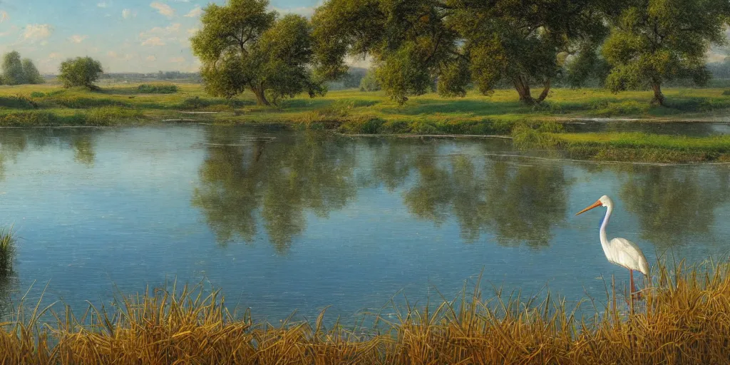 Prompt: a beautiful lake landscape in summer, reed on riverbank, stork in water, no mountains, clear sky, colorful, by Ernest deutsch + Ted Nasmith, cinematic lighting, masterpiece, highly detailed, 8k resolution, trending on art station