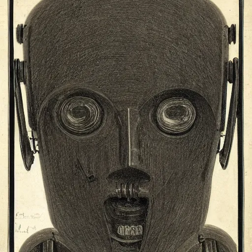 Prompt: head of a robot ( c. 1 8 8 0 - c. 1 8 9 2 ) drawing in high resolution by otto eerelman, with a back ground that starts off grey and gets darker the further down it goes