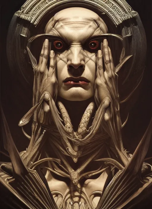 Image similar to symmetry!! portrait of grotesque hades, greek mythology, ancient greece, underworld, intricate, dark design, highly detailed, dark lighting, digital art, digital painting, artstation, sharp focus, illustration, art by artgerm and h r giger and greg rutkowski and alphonse mucha, 8 k