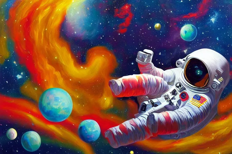 Image similar to A Detailed Painting of An Astronaut Floating In Space, Bright Colors, In The Style Of An oil Painting, Trending on cgsociety