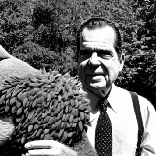 Image similar to Richard Nixon being secretly photographed meeting Big Bird in a park, cia, black and white photo, photorealistic