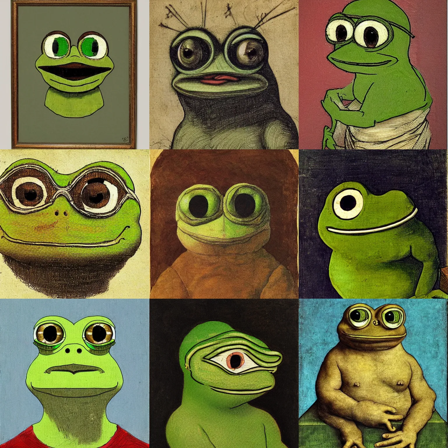 Prompt: a portrait of pepe the frog by leonardo da vinci