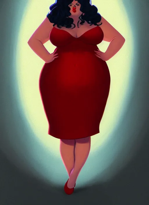 Image similar to full body portrait of teenage veronica lodge, obese, bangs, sultry, realistic, sultry smirk, wavy hair, red skirt, fat, belly, intricate, elegant, glowing lights, highly detailed, digital painting, artstation, concept art, smooth, sharp focus, illustration, art by wlop, mars ravelo and greg rutkowski