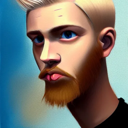 Prompt: thin blond man with blond hair long on top medium down the sides, blond beard, small chin, small nose, thin lips, English heritage, small blue eyes, small ears, pale skin, narrow face, digital art, painterly, cartoon, cute, 8k, illustration, art by loish, painterly, trending on artstation, medium shot, uncropped