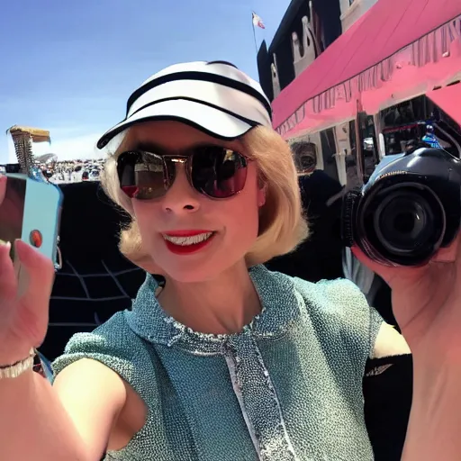 Image similar to selfie smartphone photo of a young Grace Kelly at the 2022 Monaco Gran Prix, F1 cars blurred in background, iphone photo, iPhone 12 camera, lens flares, smartphone resolution, high resolution