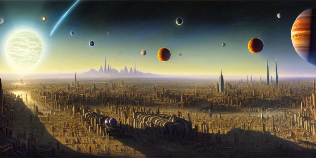 Image similar to planetary city, 2 biggest planets on the horizon of different sizes, intricate, highly detailed, photorealistic, digital painting, artstation, illustration, concept art, smooth, sharp focus, by ansel adams, bernardo bellotto, john collier, albert aublet and krenz cushart