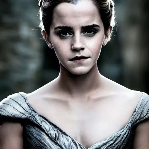 Image similar to Emma Watson as Daenerys Targaryen, XF IQ4, f/1.4, ISO 200, 1/160s, 8K, Sense of Depth, color and contrast corrected, AI enhanced, Dolby Vision, in-frame