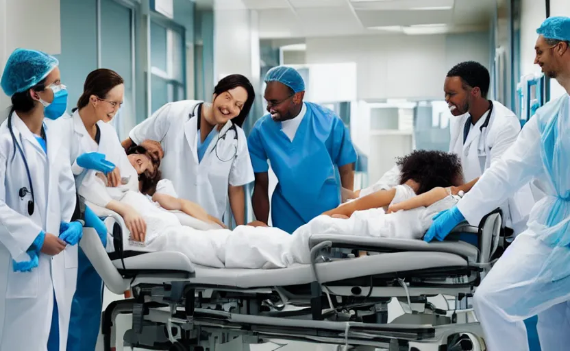 Prompt: taking care of a giant at a hospital. tiny doctors and nurses tending to a massive patient. caring, healing environment. jovial attitude. wholesome, modest, caring, kind, loving
