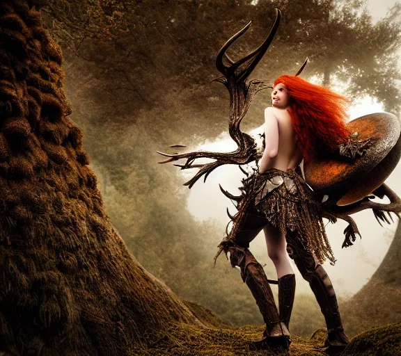 Prompt: a portrait photo of an armored female warrior redhead with antlers sitting on the edge of a giant mushroom that covers a whole town and reaches above the clouds by luis royo. intricate. lifelike. soft light. sony a 7 r iv 5 5 mm. cinematic post - processing