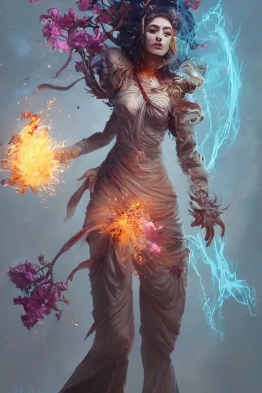 Prompt: beautiful girl necromancer, witch - doctor exploding into flowers, angels, 3 d render, hyper - realistic detailed portrait, holding fire and electricity, ruan jia, wlop. scifi, fantasy, magic the gathering, hyper detailed, octane render, concept art, peter mohrbacher