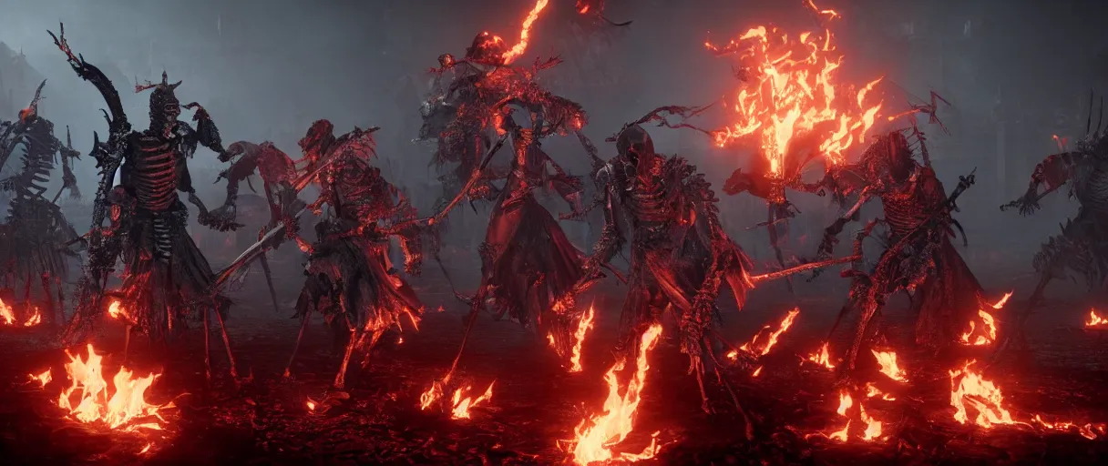 Prompt: a group of flaming skeleton warriors in the aftermath of a battle, bloodborne, cinematic, unreal engine, artstation, 8k